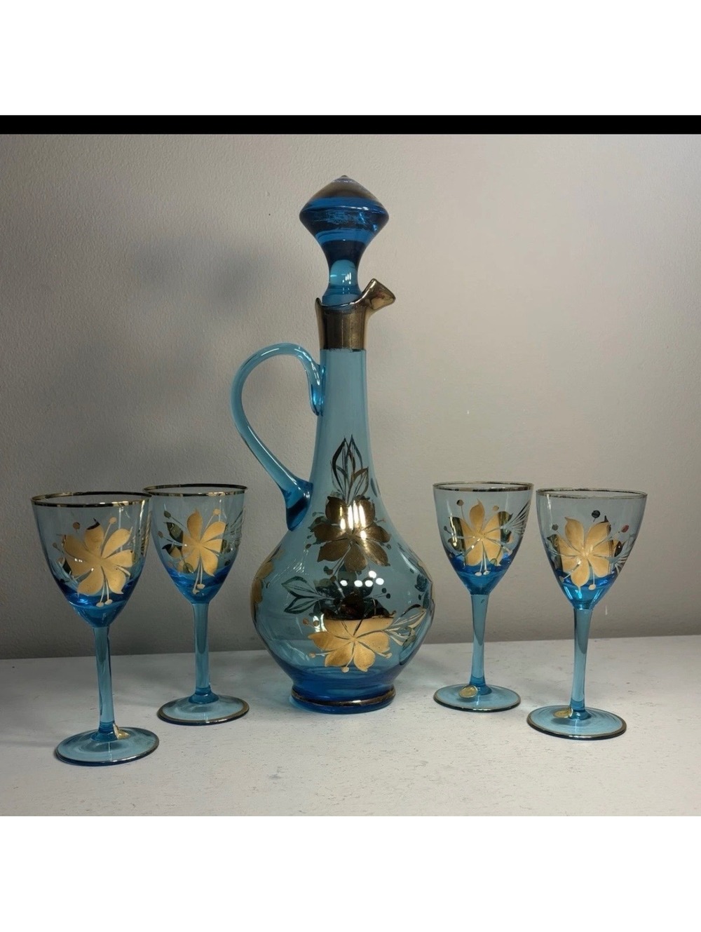 Vintage Romanian Teal Blue & Gold Decanter & 4 Wine Glasses Set with Stopper